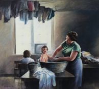 SEEREY LESTER PASTEL DRAWING Interior with woman bathing a young child in a zinc tub Signed lower