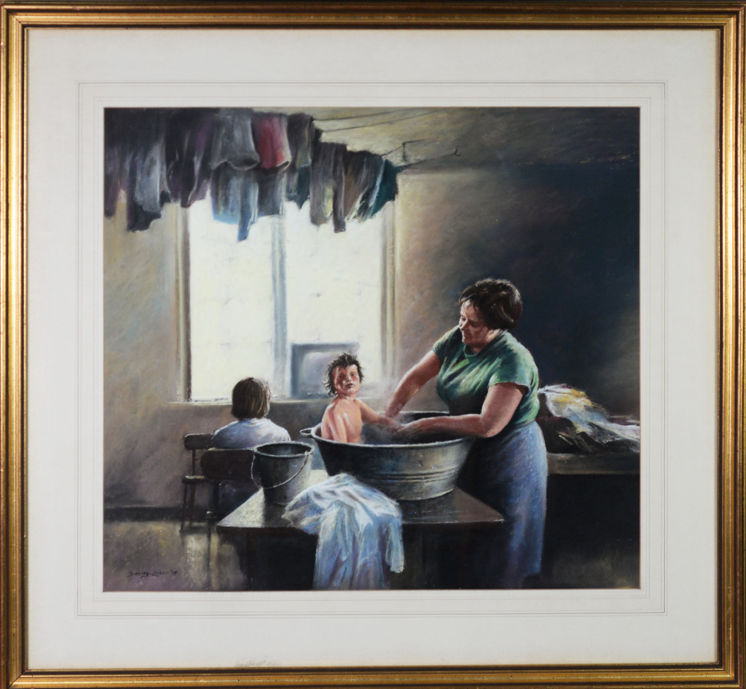 SEEREY LESTER PASTEL DRAWING Interior with woman bathing a young child in a zinc tub Signed lower - Image 2 of 2