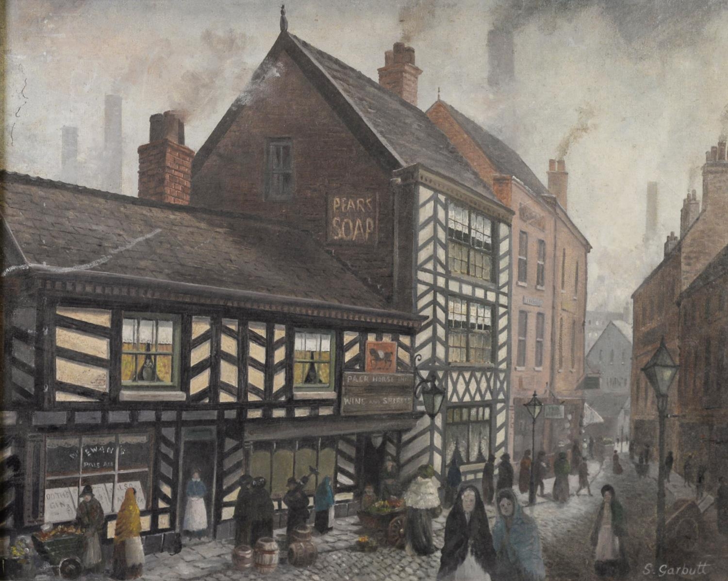 STEPHEN GARBUTT (TWENTIETH CENTURY) OIL ON BOARD ‘The Old Packhorse, Stockport’ Signed 15 ½” x