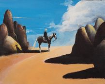 COLIN JELLICOE (1942 - 2018) THREE ACRYLICS ON BOX CANVAS Cowboy subjects 7 ¾” x 19 ½” (19.6cm x