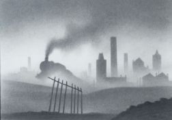 TREVOR GRIMSHAW (1947-2001) PENCIL DRAWING ‘Train Leaving a Town’ Signed, tilted and signed to label