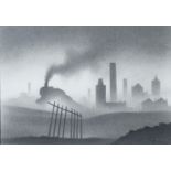 TREVOR GRIMSHAW (1947-2001) PENCIL DRAWING ‘Train Leaving a Town’ Signed, tilted and signed to label