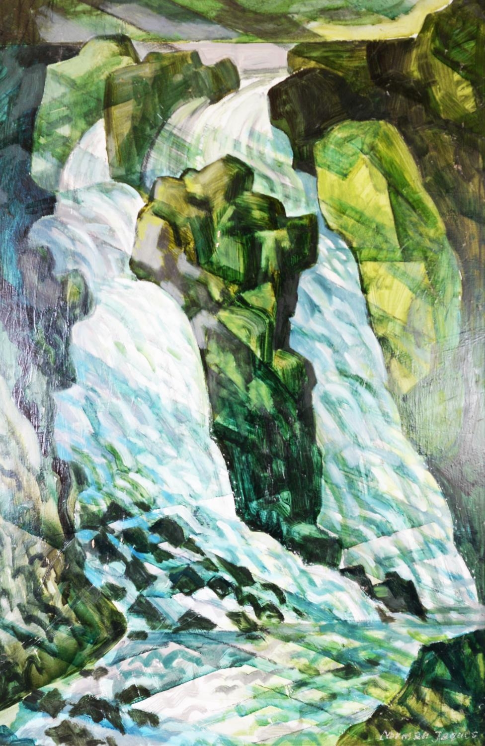 NORMAN JAQUES (1922-2014) OIL ON BOARD ‘Waterfall’ Signed, titled to label verso 35” x 23” (88.9cm x