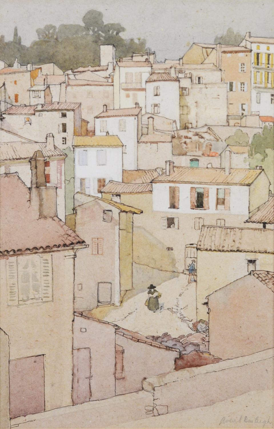 AVERIL MARY BURLEIGH (1883-1949) PEN AND INK AND WATERCOLOUR ‘Spanish Village’ Signed in pencil,