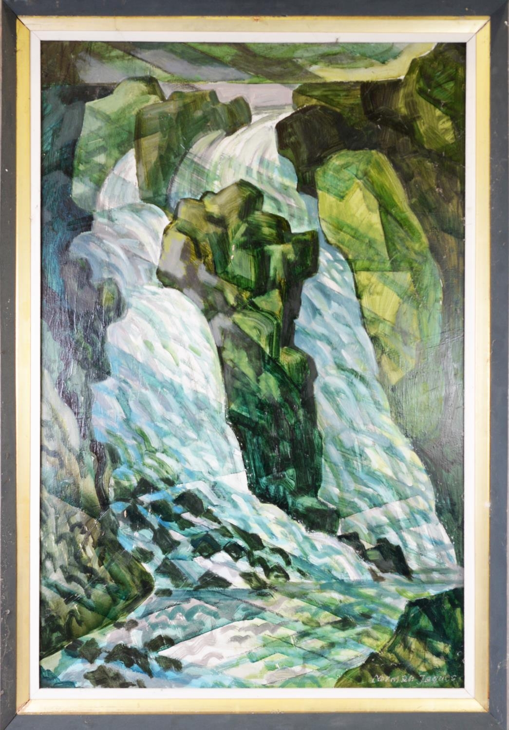 NORMAN JAQUES (1922-2014) OIL ON BOARD ‘Waterfall’ Signed, titled to label verso 35” x 23” (88.9cm x - Image 2 of 2