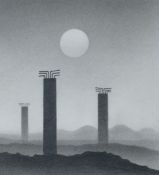 TREVOR GRIMSHAW (1947-2001) PENCIL DRAWING Three tall concrete industrial supports beneath a full