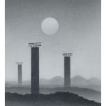 TREVOR GRIMSHAW (1947-2001) PENCIL DRAWING Three tall concrete industrial supports beneath a full