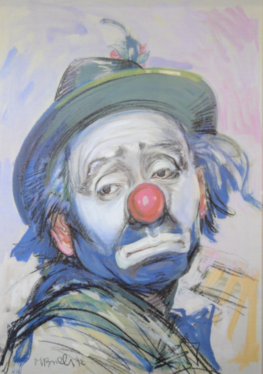 M BRILLI (CONTEMPORARY) MIXED MEDIA ON PAPER Shoulder length portrait of a clown, facing right