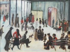 UNATTRIBUTED, STYLE OF L S LOWRY OIL PAINTING Figures at the Punch & Judy Unsigned 11 ¼” x 15 ¼” (