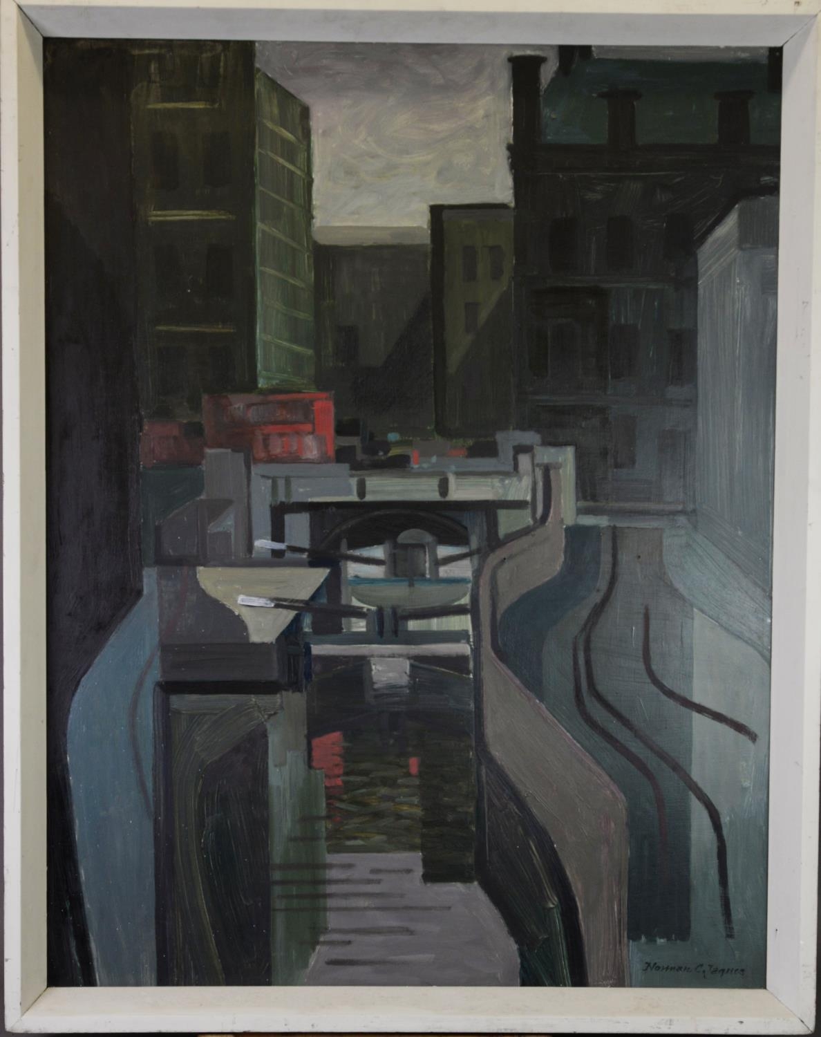 NORMAN JAQUES (1922-2014) OIL ON BOARD ‘Princess Street Canal Bridge’, Manchester Signed, titled - Image 2 of 2