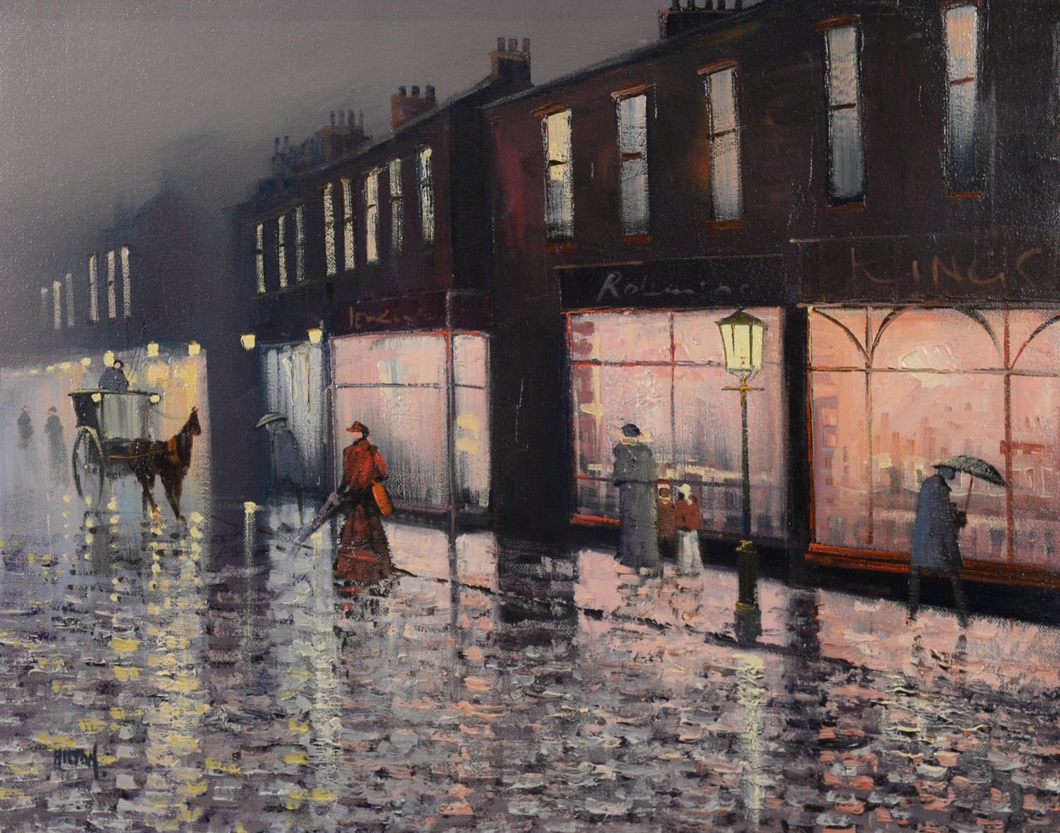 BARRY HILTON (b.1941) OIL ON CANVAS Bygone street scene on rainy evening Signed 15 ½” x 19 ¾” (39.