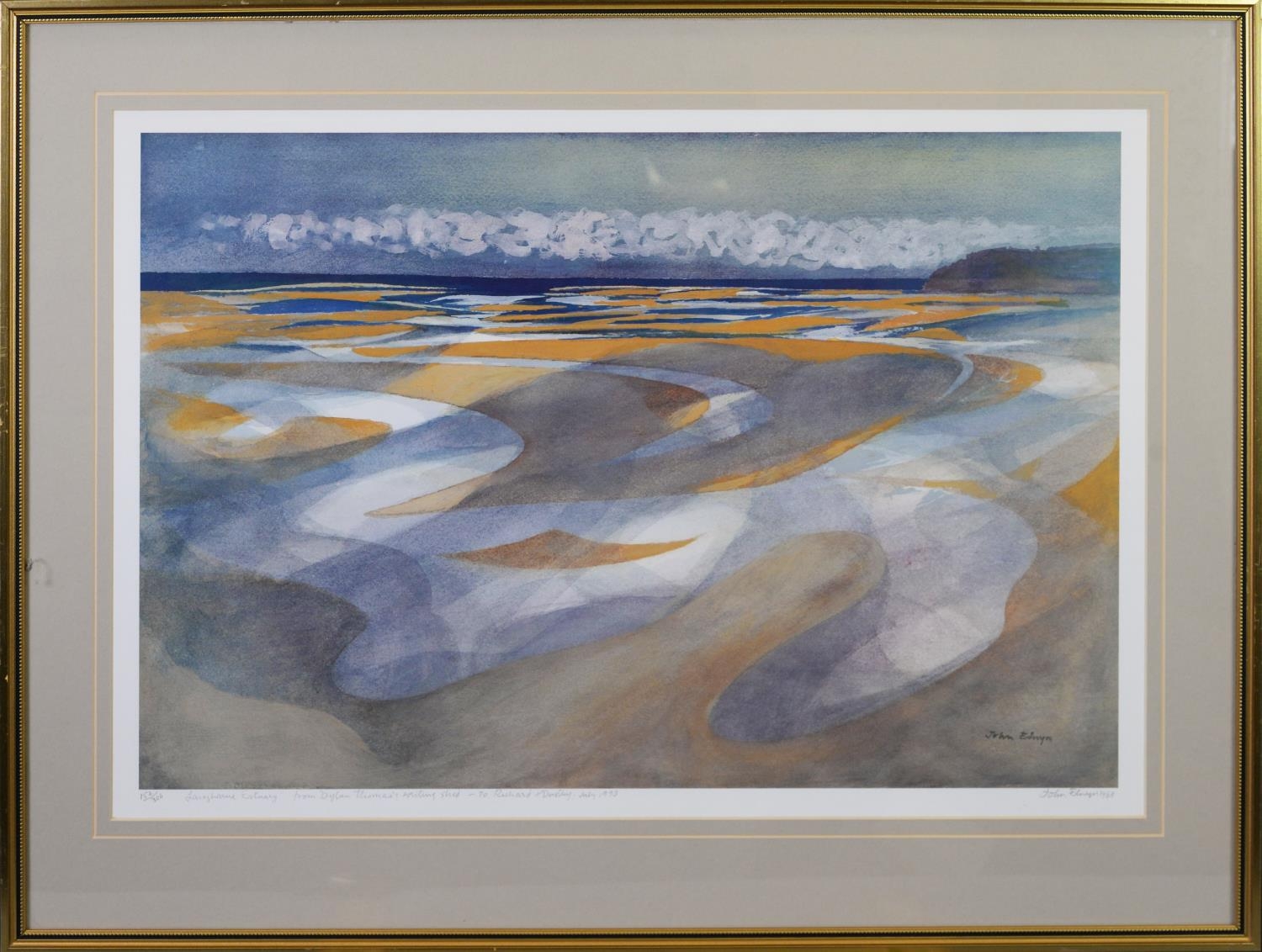 JOHN ELWYN (1916-1997) ARTIST SIGNED LIMITED EDITION COLOUR PRINT ‘Laugharne Estuary From Dylan - Image 2 of 2