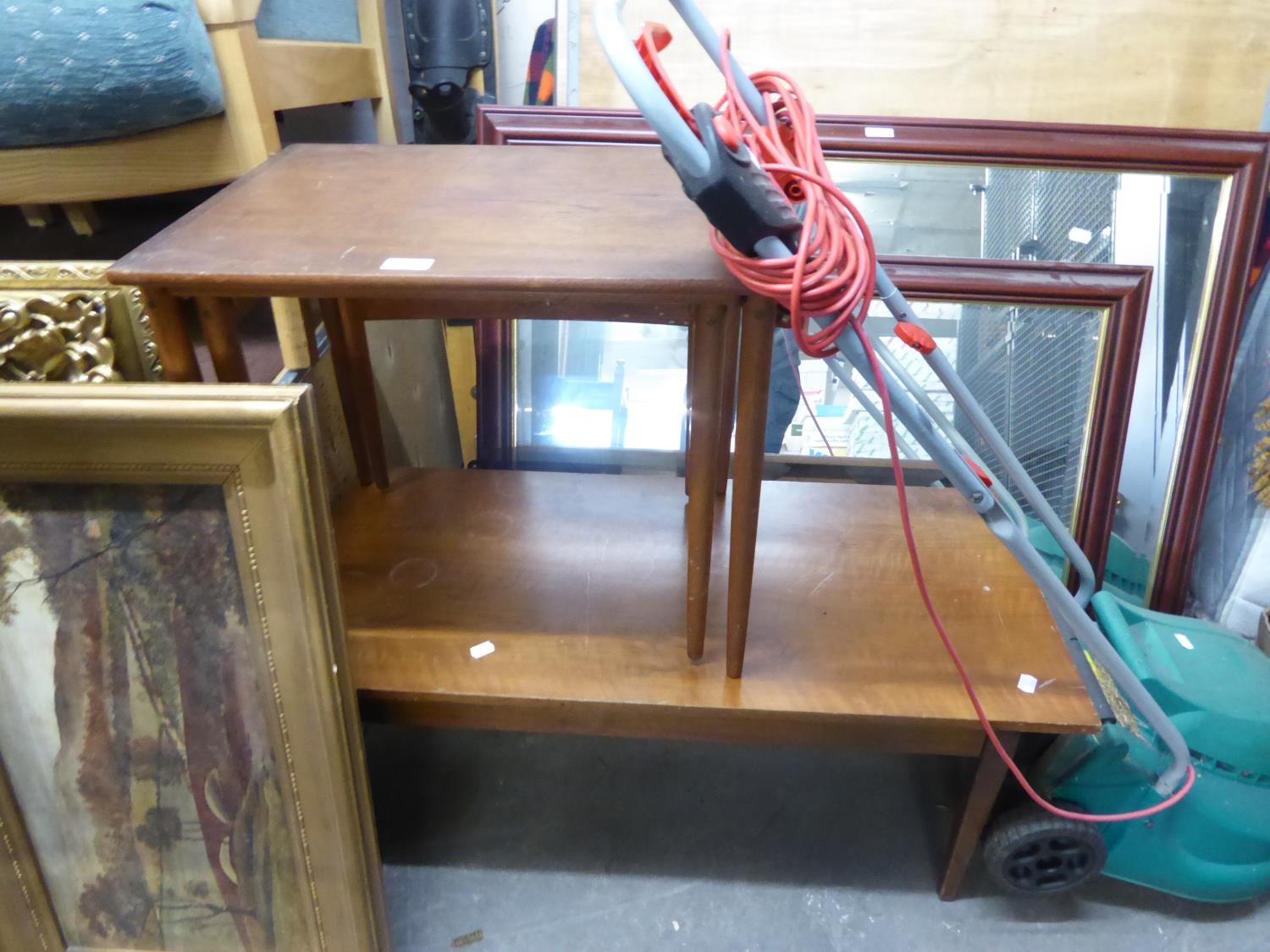 TWO OBLONG TEAK COFFEE TABLES AND FOUR FRAMED COLOUR PRINTS, TOPOGRAPHICAL AND ANOTHER TEAK COFFEE