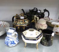 NORITAKE HAIR TIDY BOWL AND COVER, ON LEGS, TWO VICTORIAN JACKFIELD BLACK GLAZED AND DECORATED