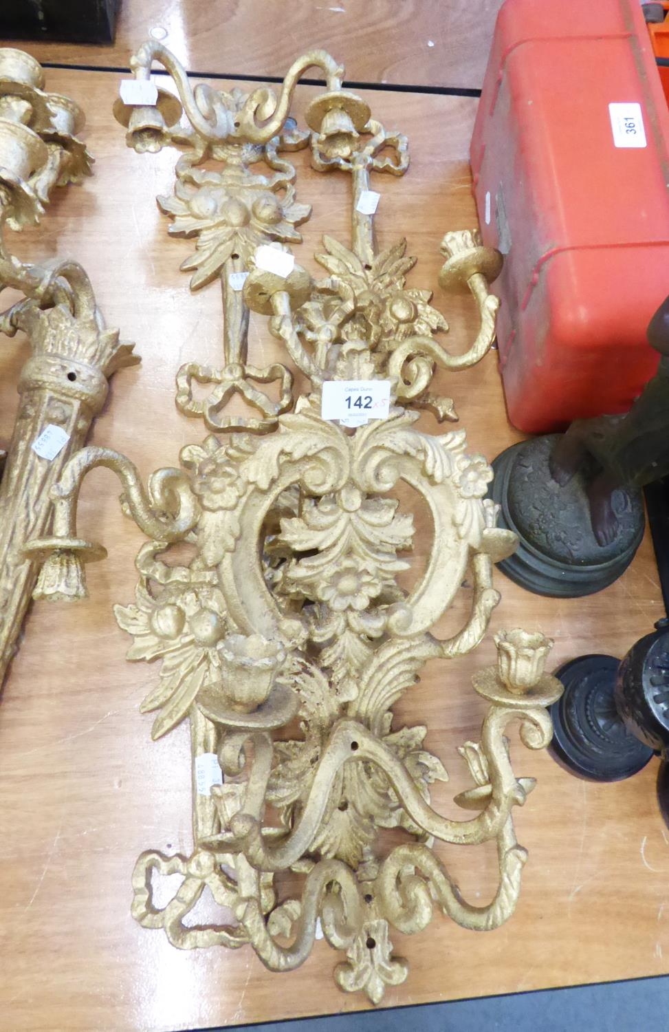 SET OF FIVE GOLD PAINTED CAST IRON TWO BRANCH WALL SCONCES C. 1930 AND ANOTHER, 13 1/2" (34.5cm)