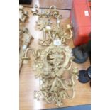 SET OF FIVE GOLD PAINTED CAST IRON TWO BRANCH WALL SCONCES C. 1930 AND ANOTHER, 13 1/2" (34.5cm)
