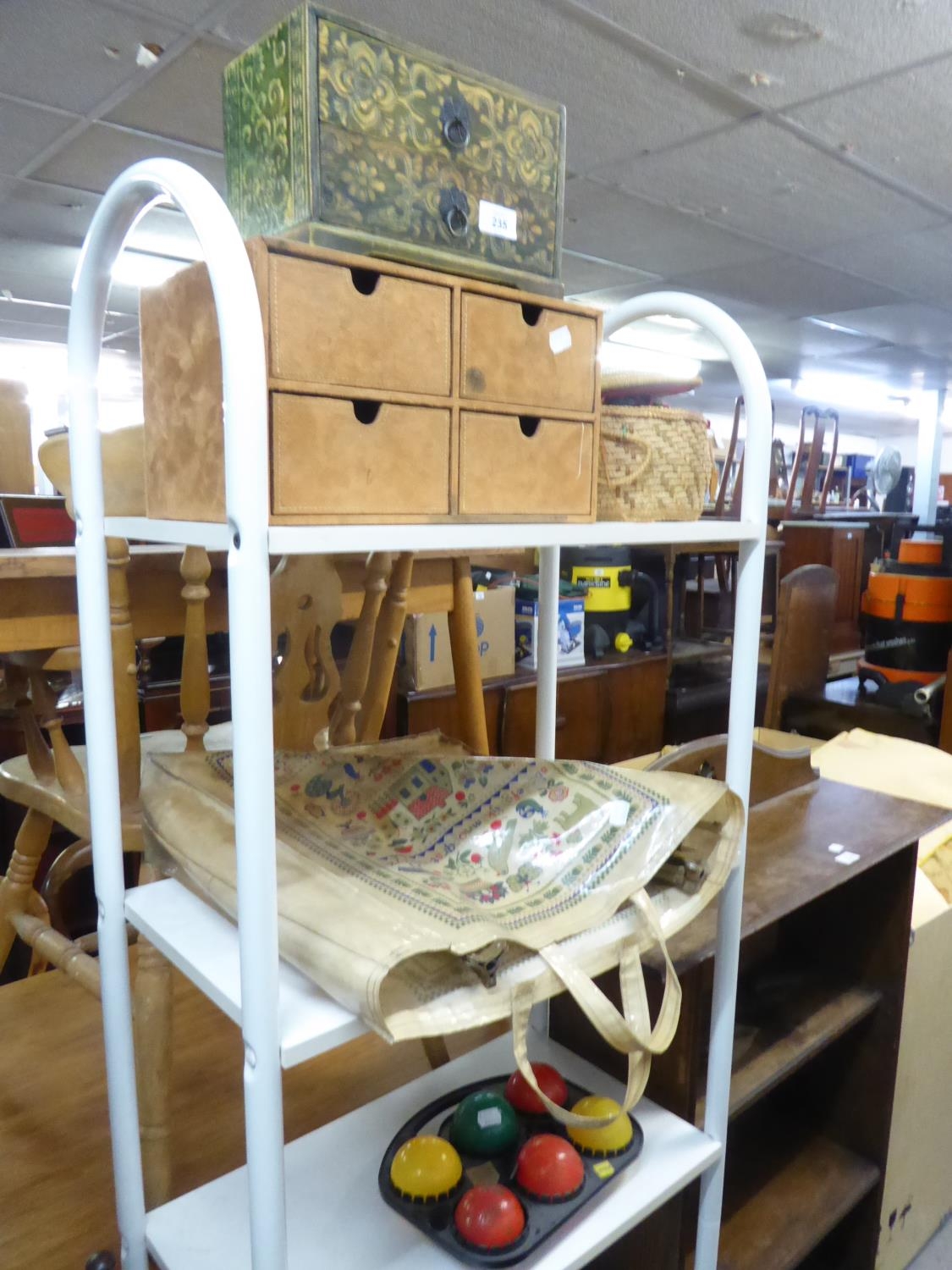 TWO TABLE TOP NESTS OF DRAWERS; A WICKER SEWING BASKET AND CONTENTS; A PAINTER’S PALETTE AND A METAL