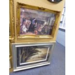 A LARGE GILT FRAMED COLOUR PRINT, ‘SCHOOL ROOM’ AND A LARGE PRINT OF A LANDSCAPE (2)