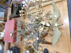 COLLECTION OF BRASS INCLUDING; ROCOCO WALL SCONCES, NEO-CLASSICAL, MINIATURE TELESCOPE , SPREAD