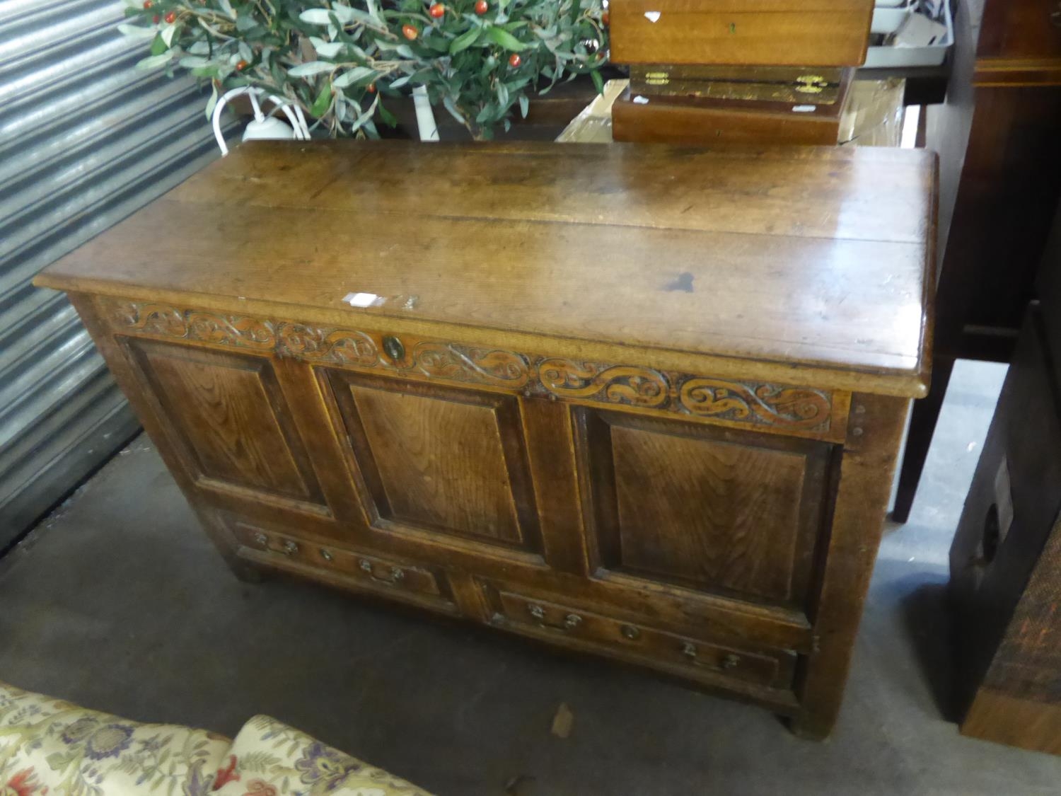 LATE EIGHTEENTH CENTURY OAK PANEL MULE CHEST, OF TWO DRAWERS, 4' 2 1/2" (128cm) WIDE