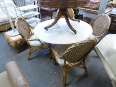 A BAMBOO AND WICKER CONSERVATORY DINING TABLE WITH IMITATION MARBLE CIRCULAR TOP AND FOUR MATCHING