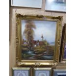 AN OIL PAINTING, LANDSCAPE, IN GILT FRAME