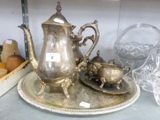 AN ELECTROPLATE TEA AND COFFEE SERVICE OF FOUR PIECES; AN ELECTROPLATE SMALL OVAL TRAY AND A