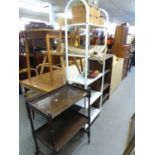 AN OAK TWO TIER TEA TROLLEY; AN OAK THREE TIER OPEN BOOKCASE AND A WHITE ENAMELLED TUBULAR METAL