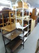 AN OAK TWO TIER TEA TROLLEY; AN OAK THREE TIER OPEN BOOKCASE AND A WHITE ENAMELLED TUBULAR METAL