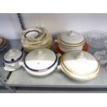 MIXED DINNER WARES TO INCLUDE; A PAIR OF LARGE CIRCULAR TWO HANDLES TUREENS AND COVERS, WHITE WITH