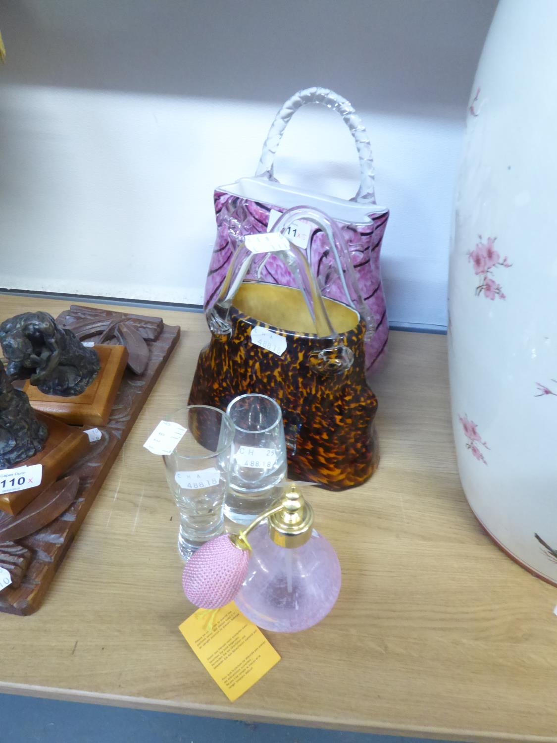 TWO ITALIAN COLOURED STUDIO GLASS BAG SHAPED BOWLS, A GLASS PERFUME ATOMISER AND TWO SMALL GLASS