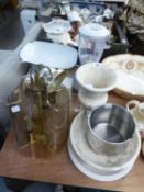 MIXED LOT TO INCLUDE; A MARBLE PEDESTAL BOWL AND MATCHING URN, 2 CLOCKS, LIGHT FITTINGS, KITCHEN