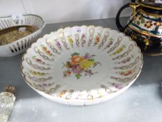 MEISSEN GERMAN FLUTED PORCELAIN SHALLOW BOWL, THE CENTRE PAINTED WITH FRUIT AND FLOWERS, GILT AND