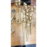 SET OF FOUR THREE BRANCH WROUGHT IRON QUIVER WALL SCONCES, PLUS ANOTHER WITH ONLY TWO BRANCHES,