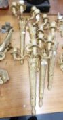 SET OF FOUR THREE BRANCH WROUGHT IRON QUIVER WALL SCONCES, PLUS ANOTHER WITH ONLY TWO BRANCHES,