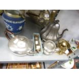 AN ELECTROPLATE SUGAR CASTOR, BOXED; VICTORIAN EPBM TEAPOT; PEWTER TEAPOT, SUGAR BOWL, MILK JUG