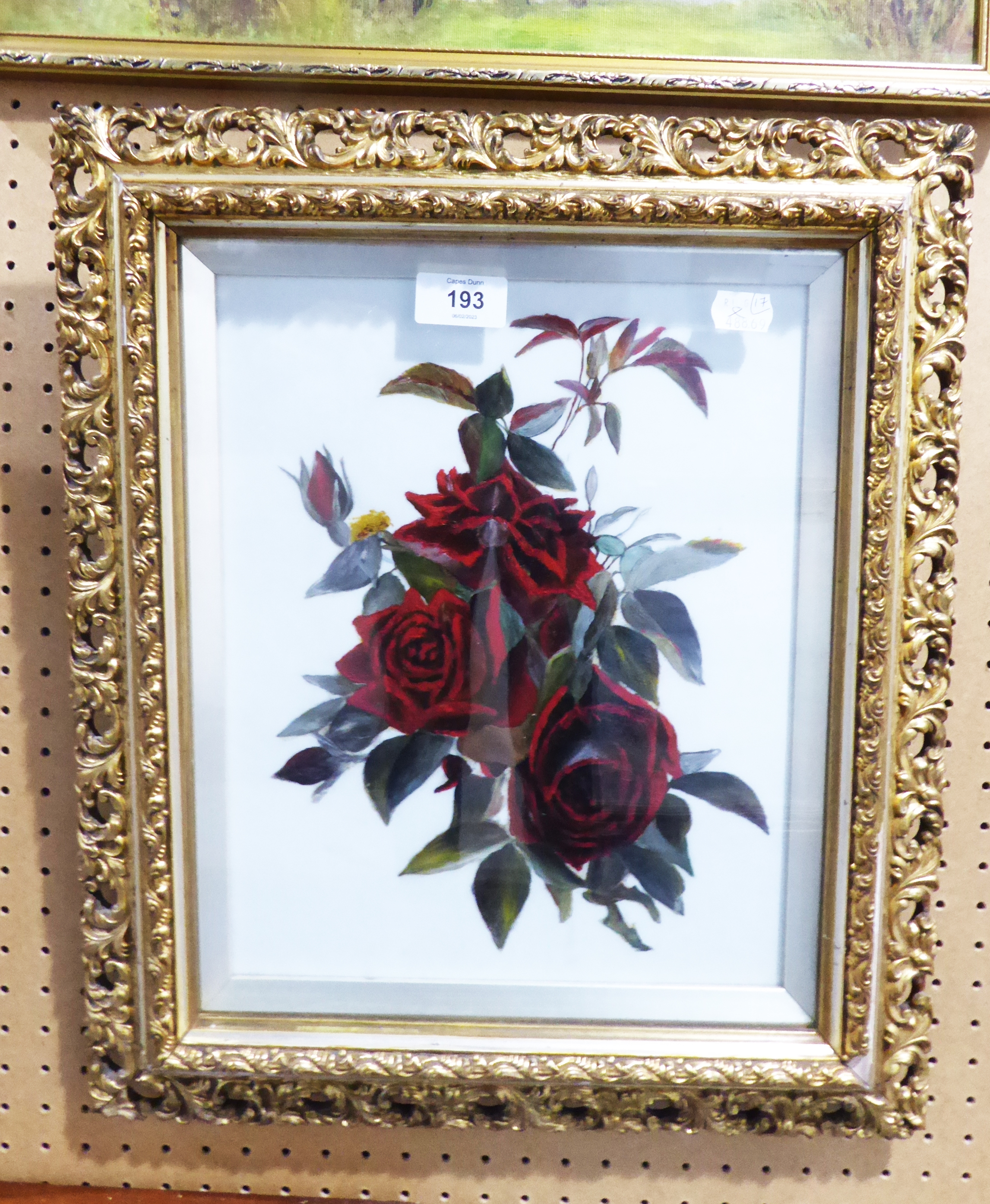 VICTORIAN MILK GLASS PANE PAINTED WITH RED ROSES, 12 ½” X 10” (31.8cm x 25.4cm), framed and glazed