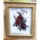 VICTORIAN MILK GLASS PANE PAINTED WITH RED ROSES, 12 ½” X 10” (31.8cm x 25.4cm), framed and glazed