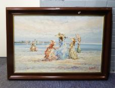 MARIE CHARLOT IMPASTO OIL PAINTING ON CANVAS EDWARDIAN LADIES WITH PARASOLS ON A BEACH SIGNED 24”