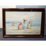 MARIE CHARLOT IMPASTO OIL PAINTING ON CANVAS EDWARDIAN LADIES WITH PARASOLS ON A BEACH SIGNED 24”
