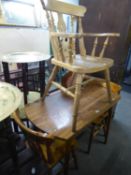 A PAIR OF WINDSOR KITCHEN SINGLE CHAIRS AND A SIMILAR ARMCHAIR AND A WOOD-EFFECT FORMICA TOPPED