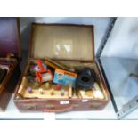 AN ATTACHÉ CASE, CONTAINING A RECORDER, VINTAGE TOYS, PLAYING CARDS, ETC. AND A BOXED PAIR OF ‘