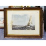 A LARGE FRAMED COLOUR PRINT 'THRO SEA AND AIR' SAILING YACHT