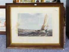 A LARGE FRAMED COLOUR PRINT 'THRO SEA AND AIR' SAILING YACHT