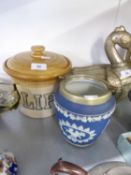 ‘LIPTON’ KITCHEN STORAGE JAR AND COVER AND A WEDGWOOD BLUE AND WHITE STORAGE JAR WITH