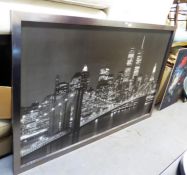 A HUGE BLACK AND WHITE PRINT OF NEW YORK WORLD TRADE CENTRE/TWIN TOWERS IN SILVER COLOURED WOOD