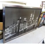 A HUGE BLACK AND WHITE PRINT OF NEW YORK WORLD TRADE CENTRE/TWIN TOWERS IN SILVER COLOURED WOOD