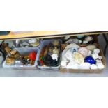 TWO BOXES OF DOMESTIC CERAMICS, KITCHEN UTENSILS, SPOONS, JELLY MOULDS, A HOT WATER BOTTLE,