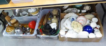 TWO BOXES OF DOMESTIC CERAMICS, KITCHEN UTENSILS, SPOONS, JELLY MOULDS, A HOT WATER BOTTLE,