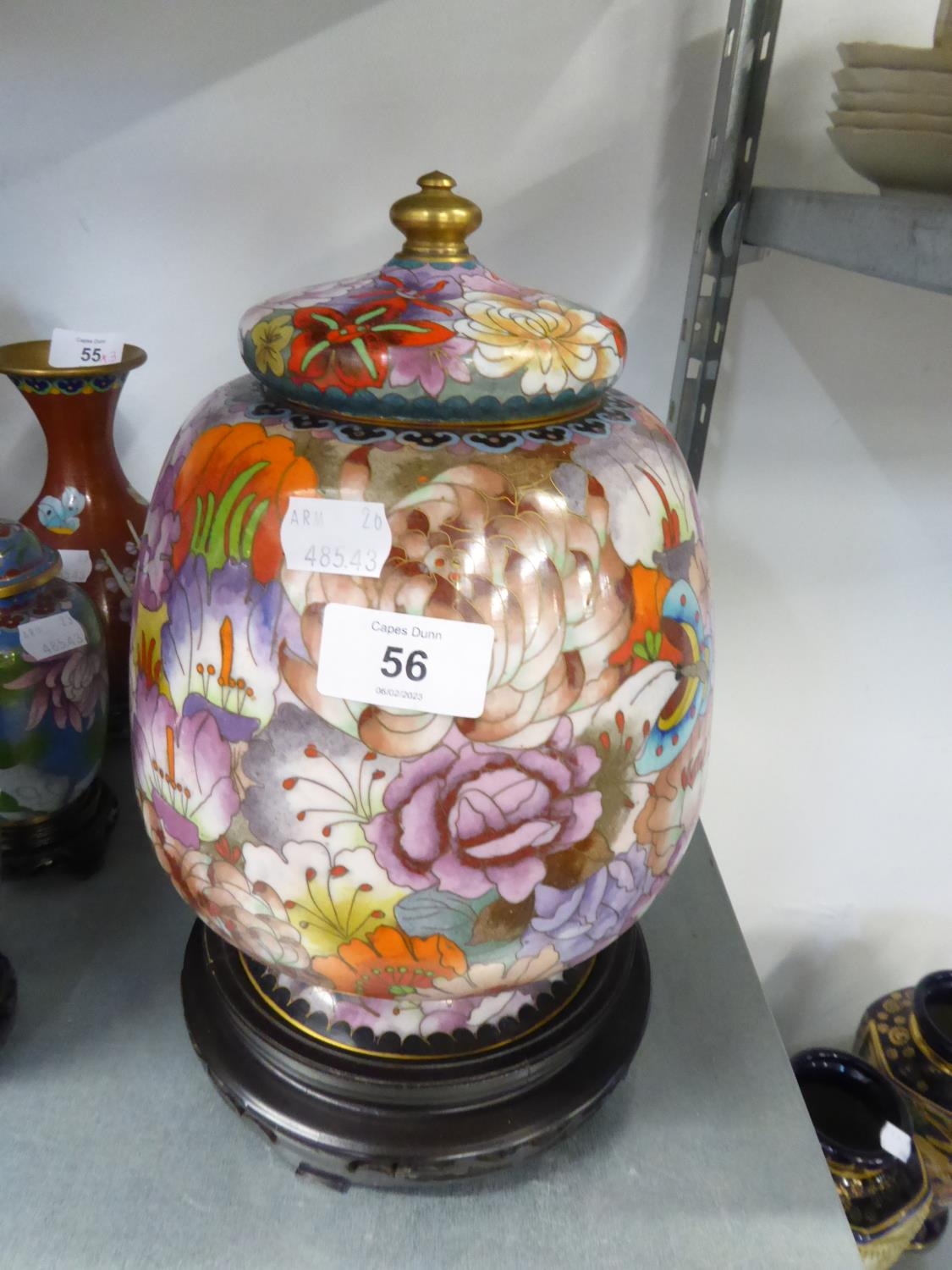 CHINESE LARGE OVULAR CLOISONNÉ VASE AND DOMED COVER WITH ALL-OVER FLORAL DECORATION, 10” HIGH